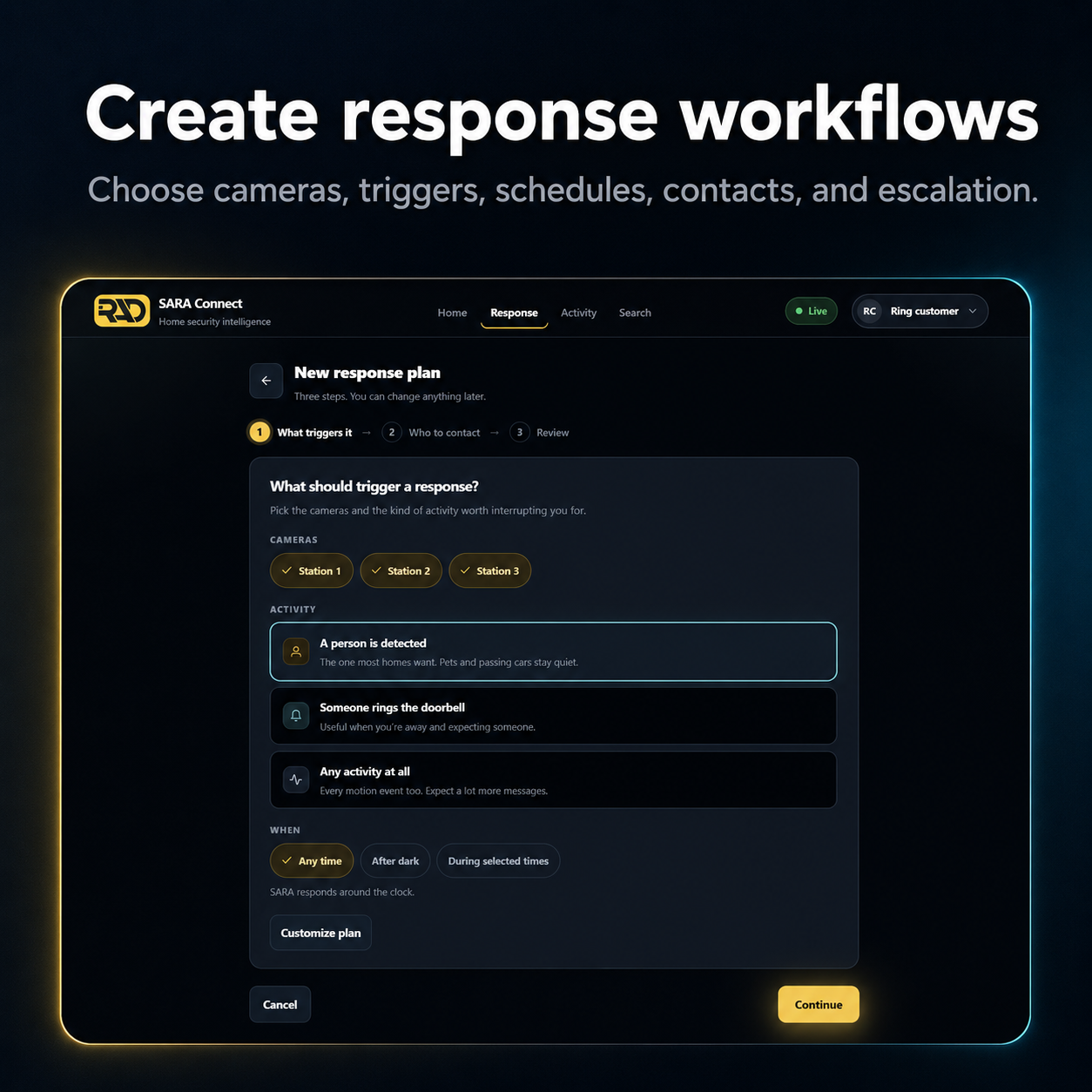 Create response workflows with cameras, triggers, schedules, contacts, and escalation